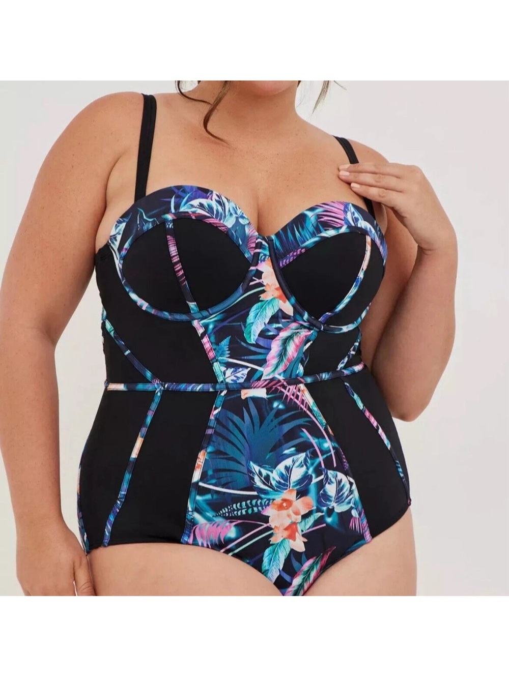 Torrid Black One-Piece Swimsuit with Tropical Floral Print 3X DD/F